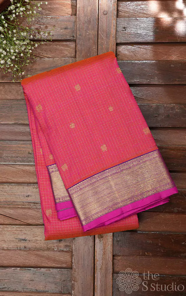 Peachish pink kanchipuram silk saree with small zari checks
