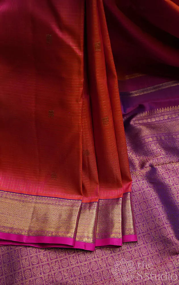 Peachish pink kanchipuram silk saree with small zari checks