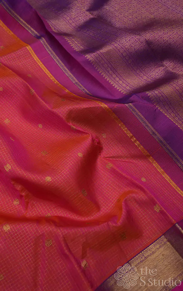 Peachish pink kanchipuram silk saree with small zari checks