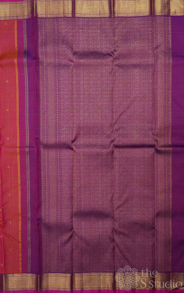 Peachish pink kanchipuram silk saree with small zari checks