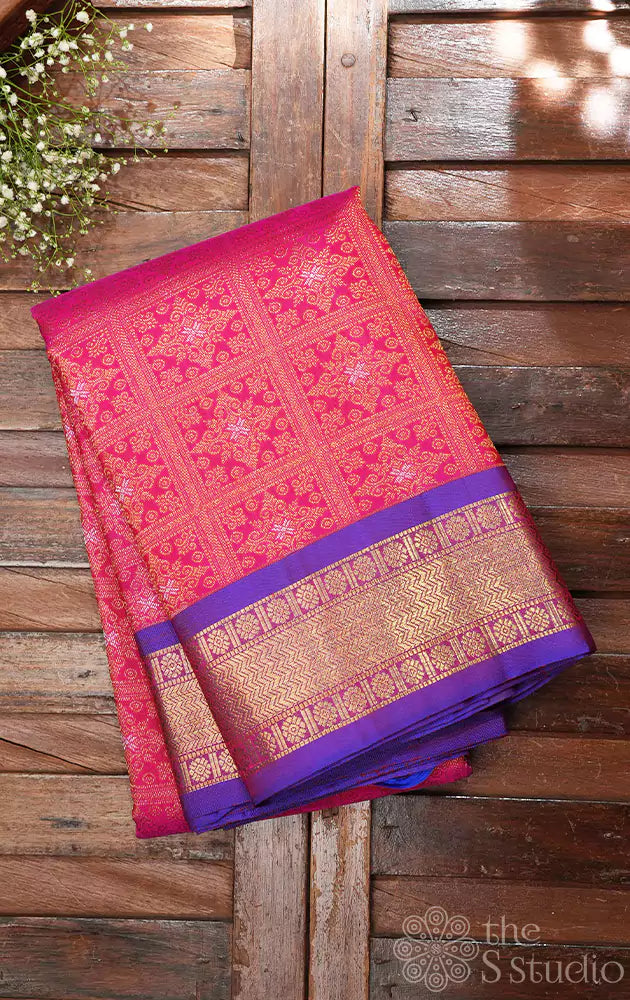 Rani pink checked pattern kanjivaram silk saree with purple border