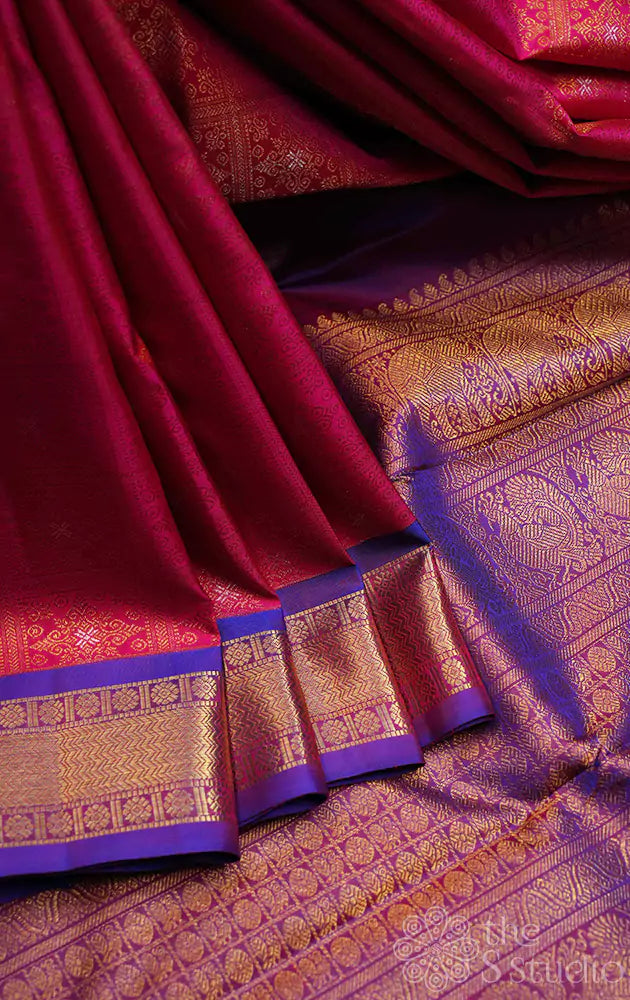 Rani pink checked pattern kanjivaram silk saree with purple border