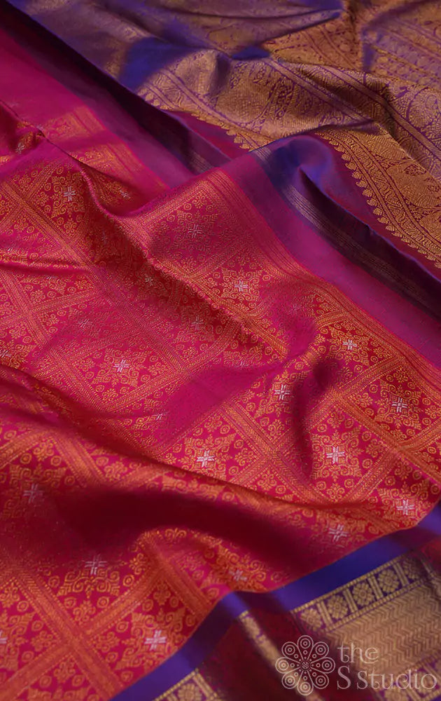 Rani pink checked pattern kanjivaram silk saree with purple border