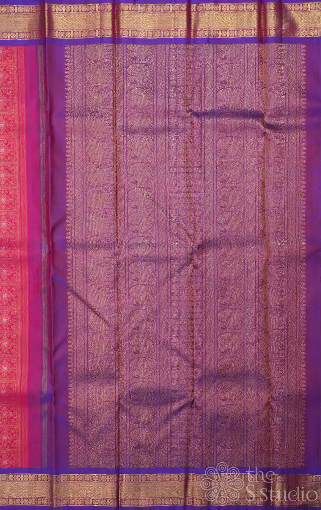 Rani pink checked pattern kanjivaram silk saree with purple border