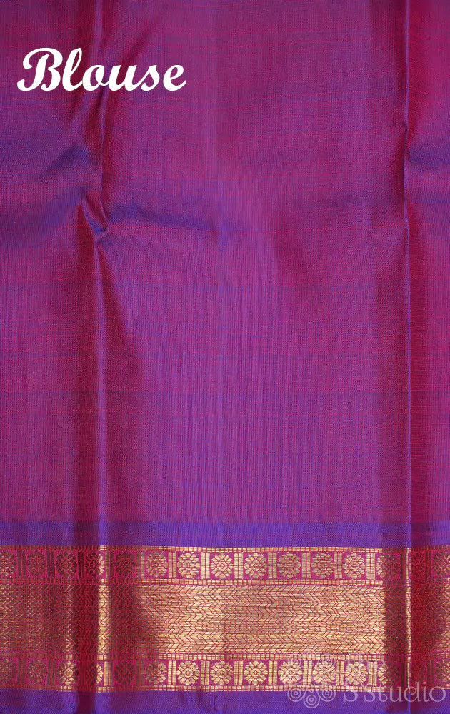 Rani pink checked pattern kanjivaram silk saree with purple border