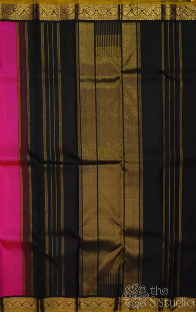 Bright rani pink kanchipuram silk saree with small korvai black border