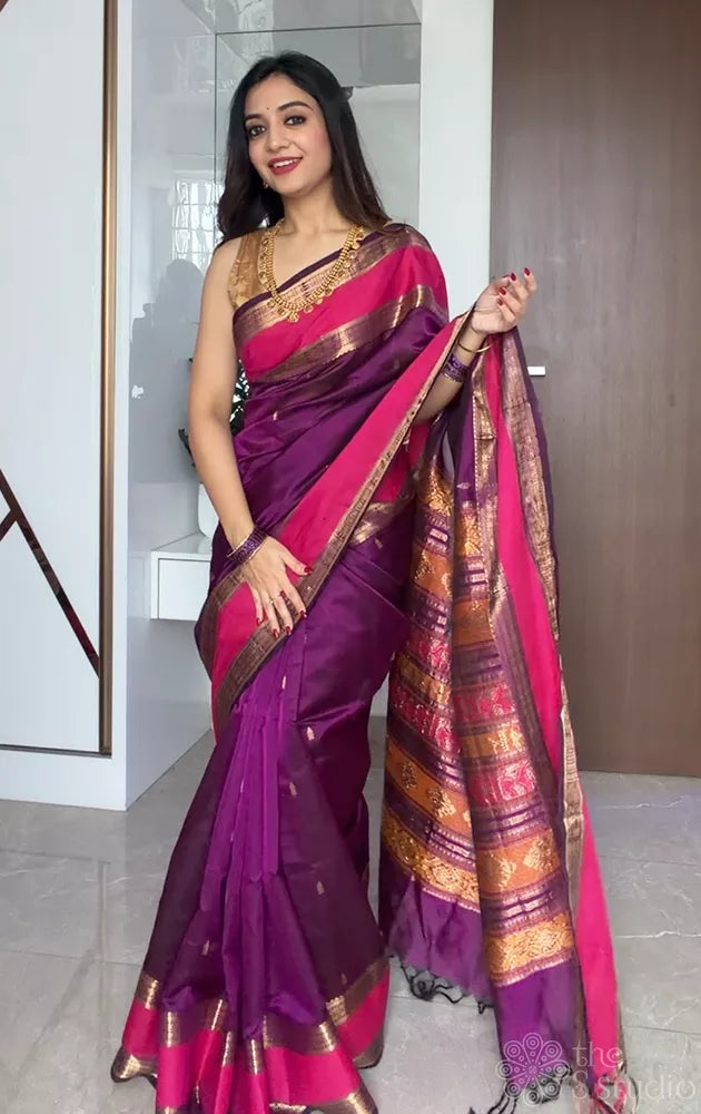 Purple fishpet silk cotton saree with rettaipet border