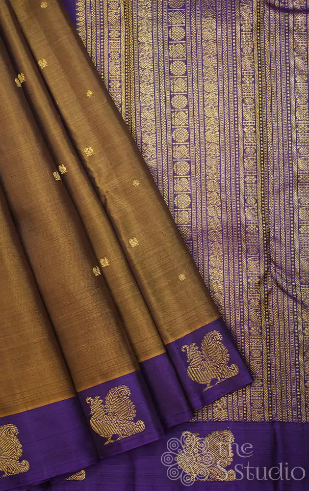 Golden methi green kanchi silk saree with violet border