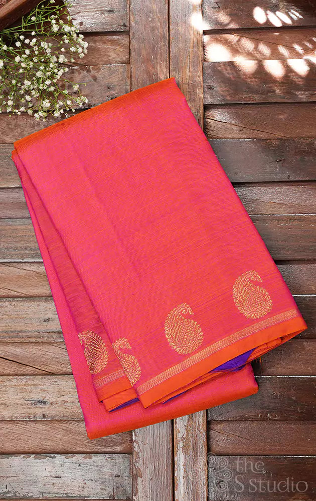Peach simple kanchipuram silk saree with paisley motifs