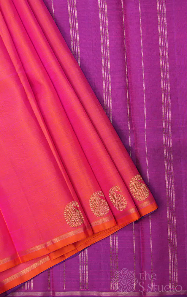 Peach simple kanchipuram silk saree with paisley motifs