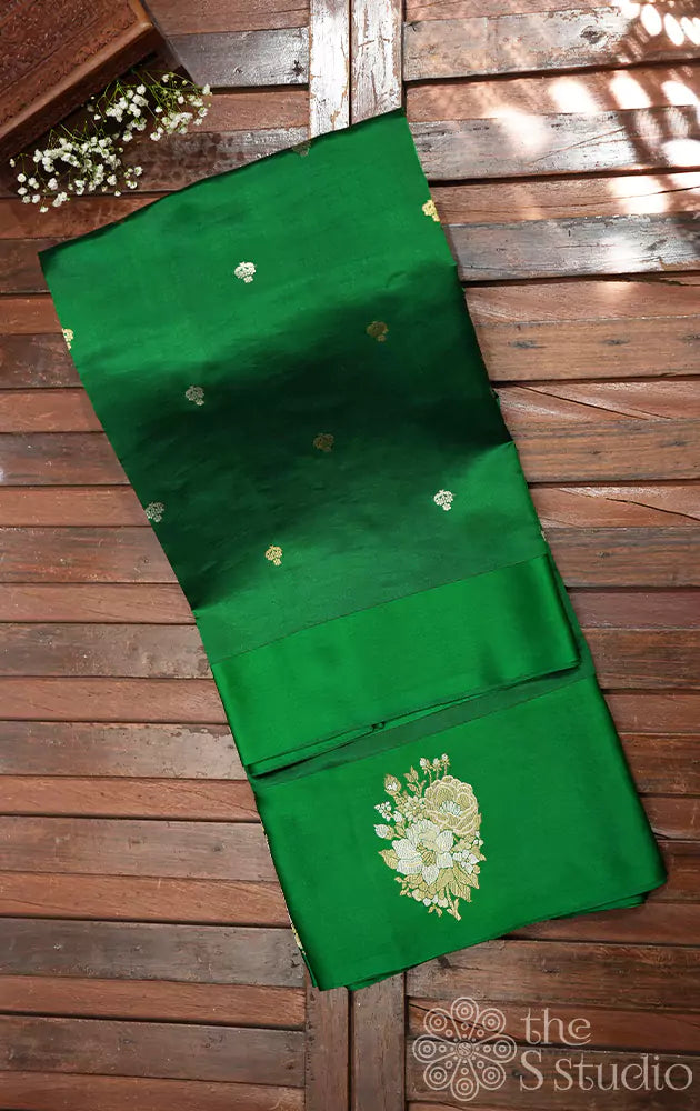 Green soft banarasi katan silk saree with floral motifs