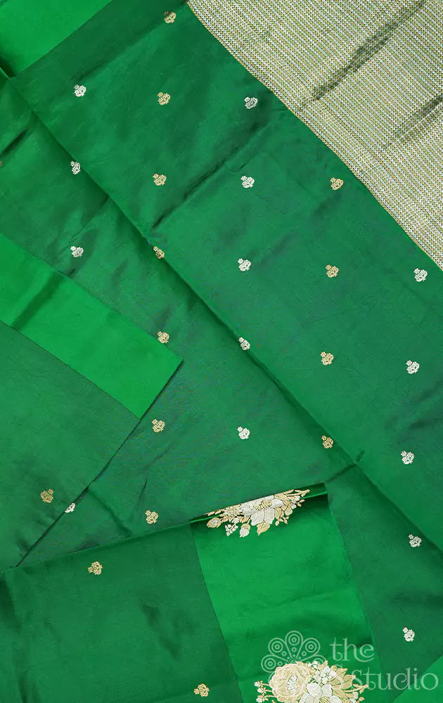 Green soft banarasi katan silk saree with floral motifs