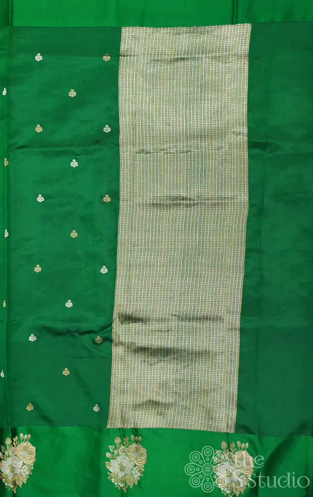 Green soft banarasi katan silk saree with floral motifs