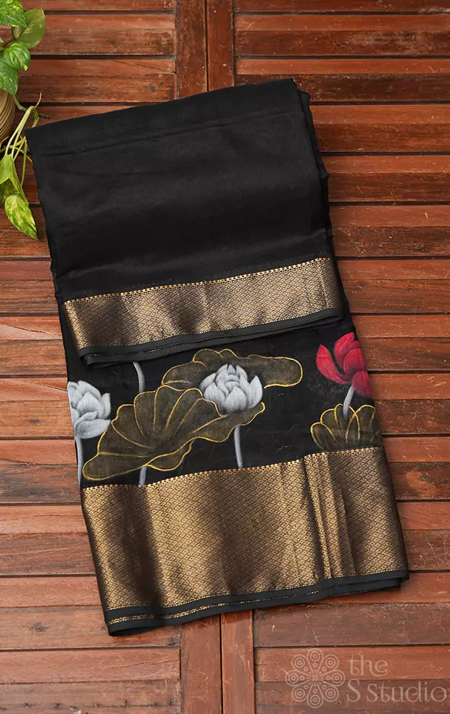 Black handpainted maheshwari silk cotton saree with floral designs