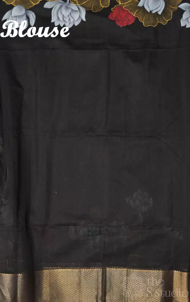 Black handpainted maheshwari silk cotton saree with floral designs