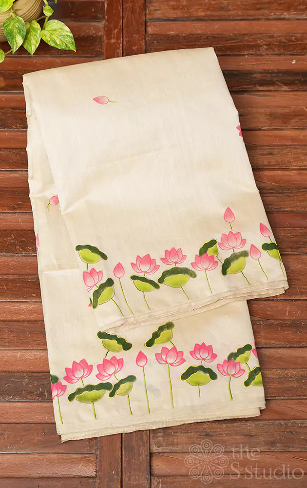 Off white chanderi tissue silk saree with hand painted pichwai designs