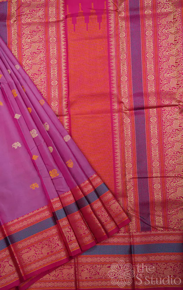 Light purple threadwork kanchipuram silk saree with contrast border