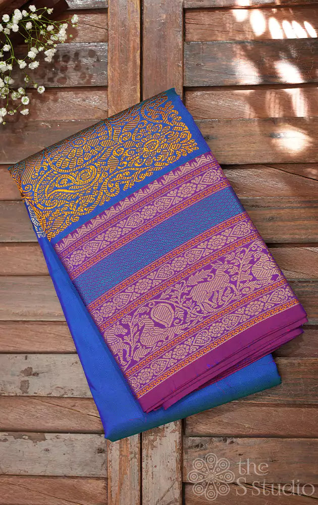 Anandha blue threadwork kanchipuram silk saree with contrast border