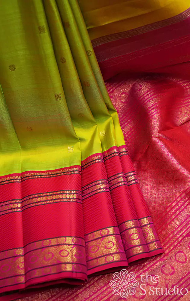 Sampanga green kanjivaram silk saree with rani pink korvai border