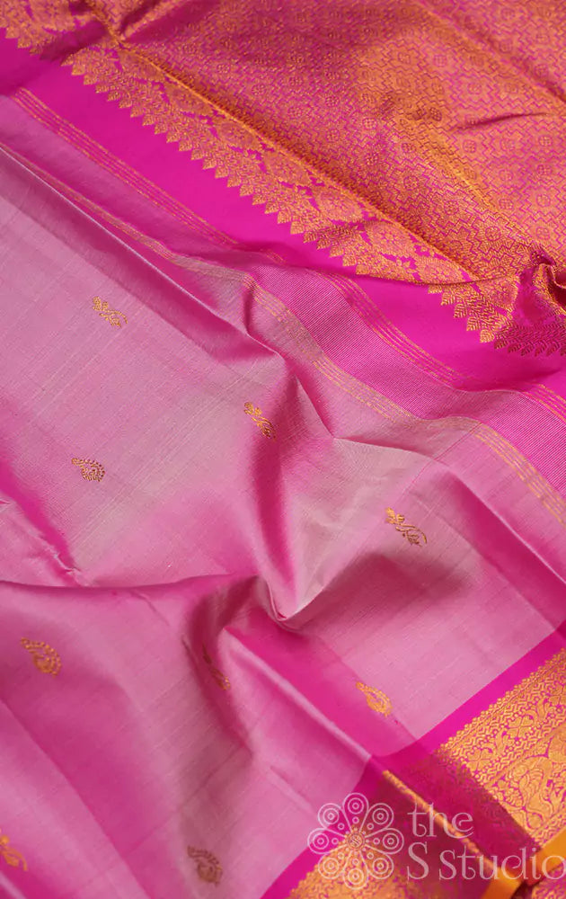 Baby pink kanchi pattu saree with ranipink border and pallu