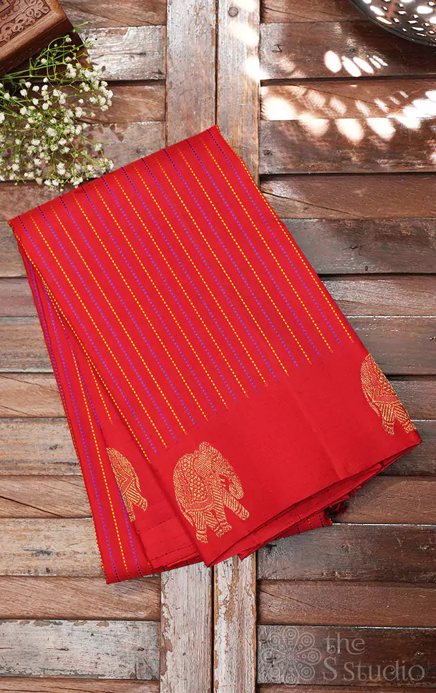 Red kanchipuram silk saree with elephant border