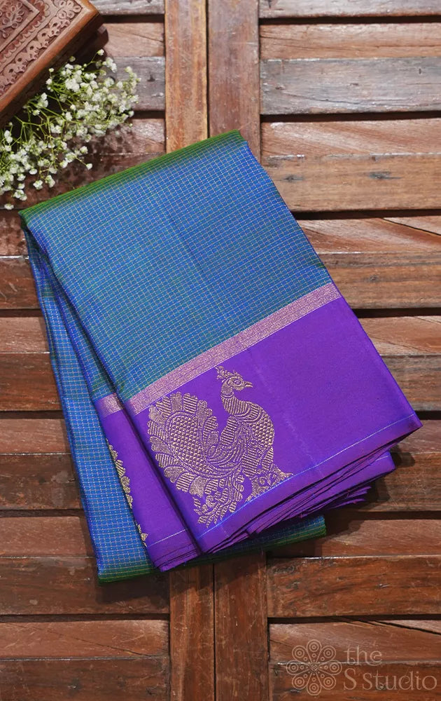 Peacock blue thread checked kanchipuram silk saree with peacock motif border