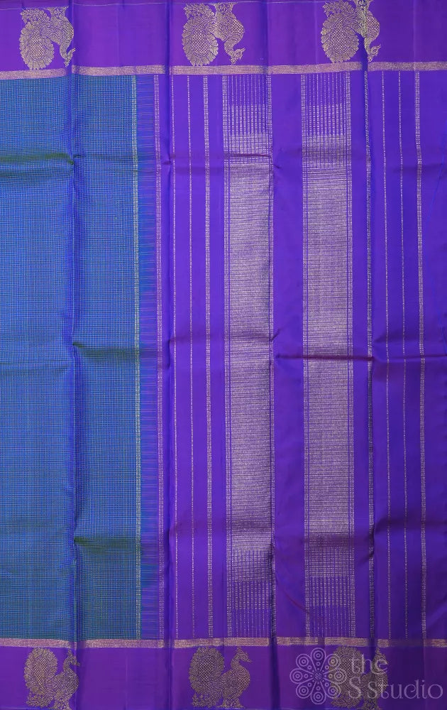 Peacock blue thread checked kanchipuram silk saree with peacock motif border