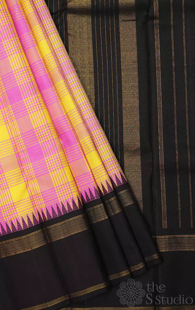Yellow and pink checked kanjivaram silk saree