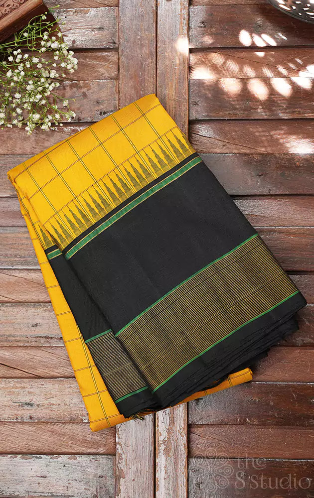 Mustard yellow checked kanchipuram silk saree with black border