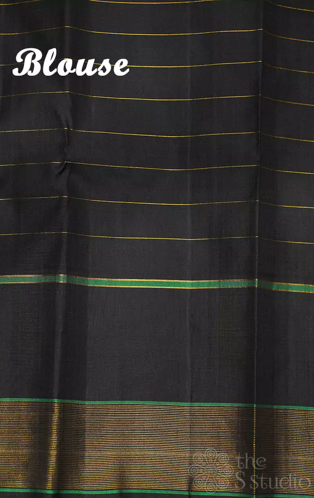 Mustard yellow checked kanchipuram silk saree with black border