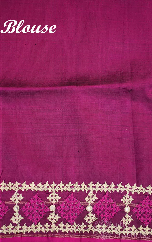 Magenta kanchipuram silk saree with hand kutch embroidered border