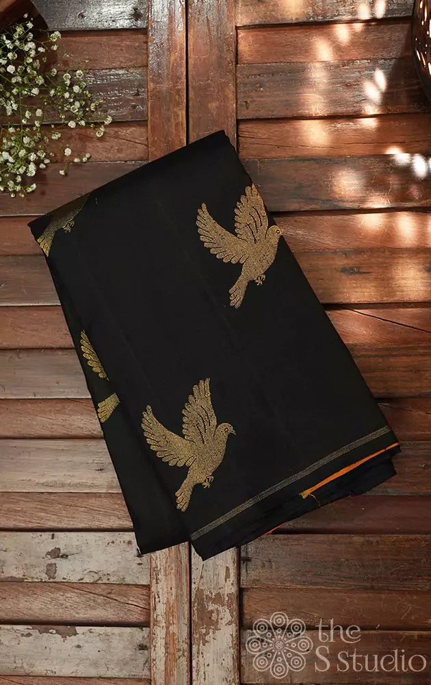 Black kanchipuram silk with bird motifs (Pre-order available)