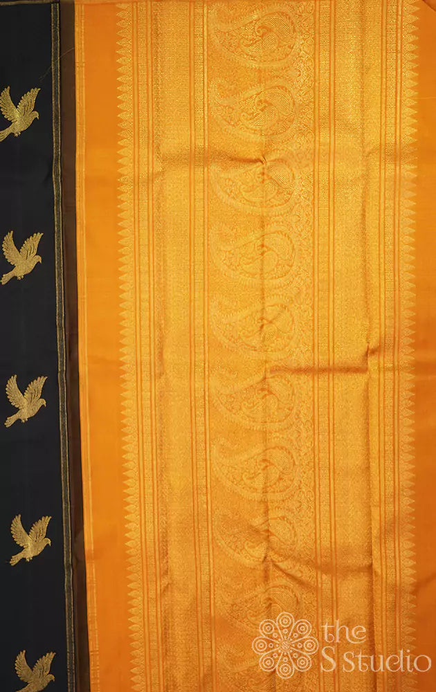 Black kanchipuram silk with bird motifs (Pre-order available)