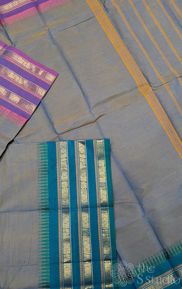 Grey Kanchi Cotton Saree with Ganga Jamuna and Zari Varisaipet Border