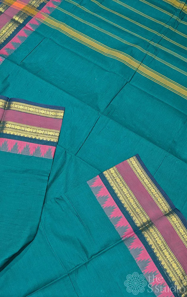 Teal green kanchi cotton saree with rettaipet border