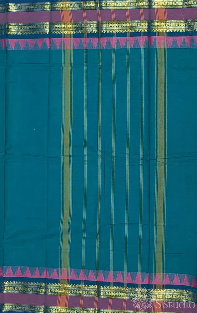 Teal green kanchi cotton saree with rettaipet border