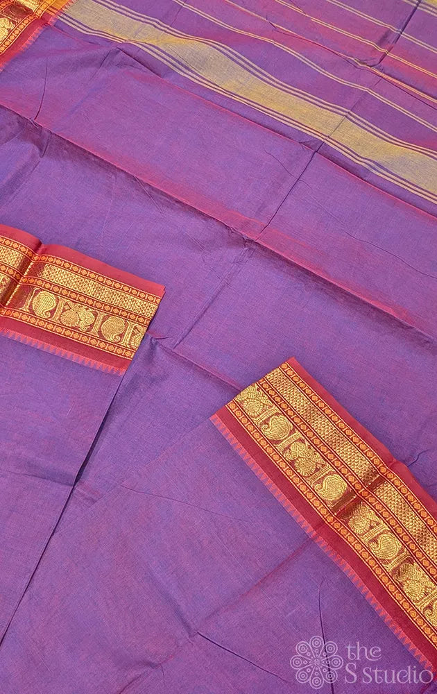 Purple kanchi cotton saree with red zari woven border