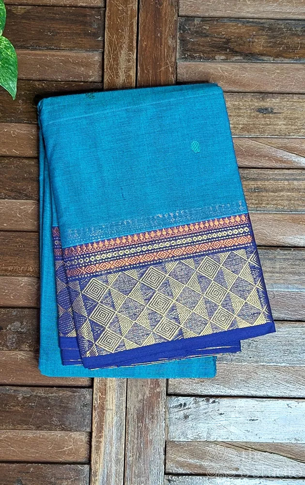 Teal blue kanchi cotton saree with blue zari border