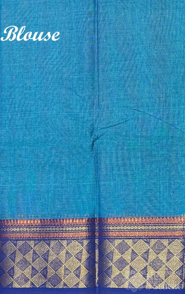 Teal blue kanchi cotton saree with blue zari border