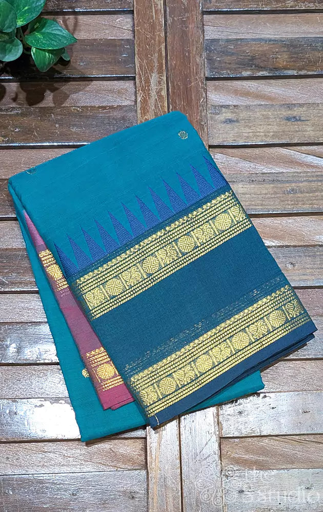 Ocean blue kanchi cotton saree with simple pallu