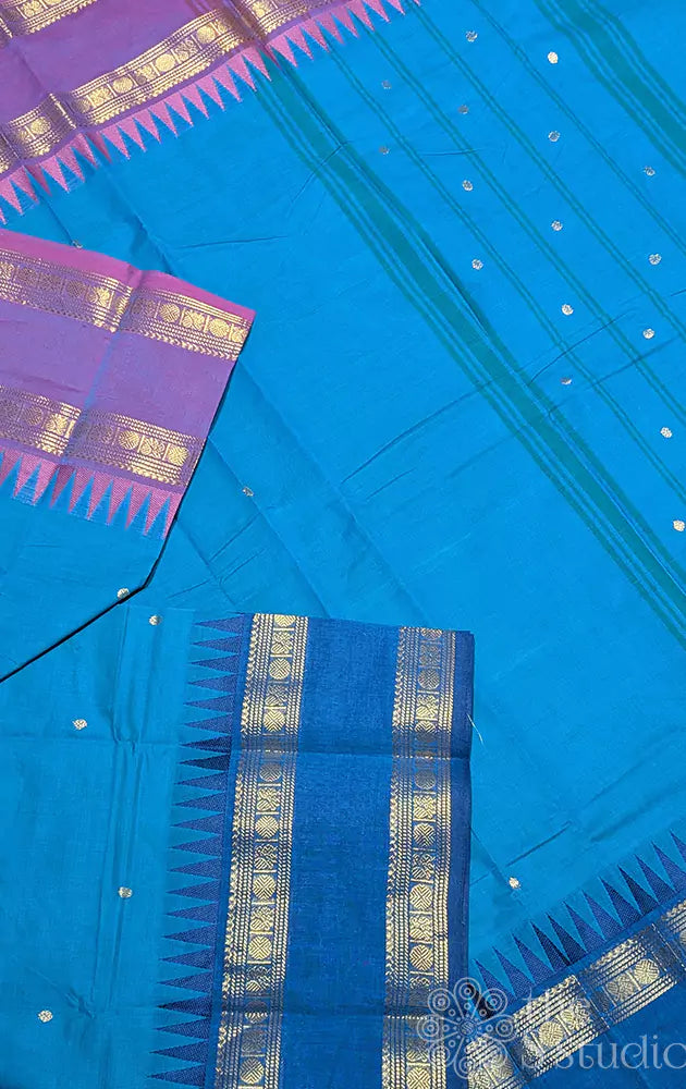 Ocean blue kanchi cotton saree with simple pallu