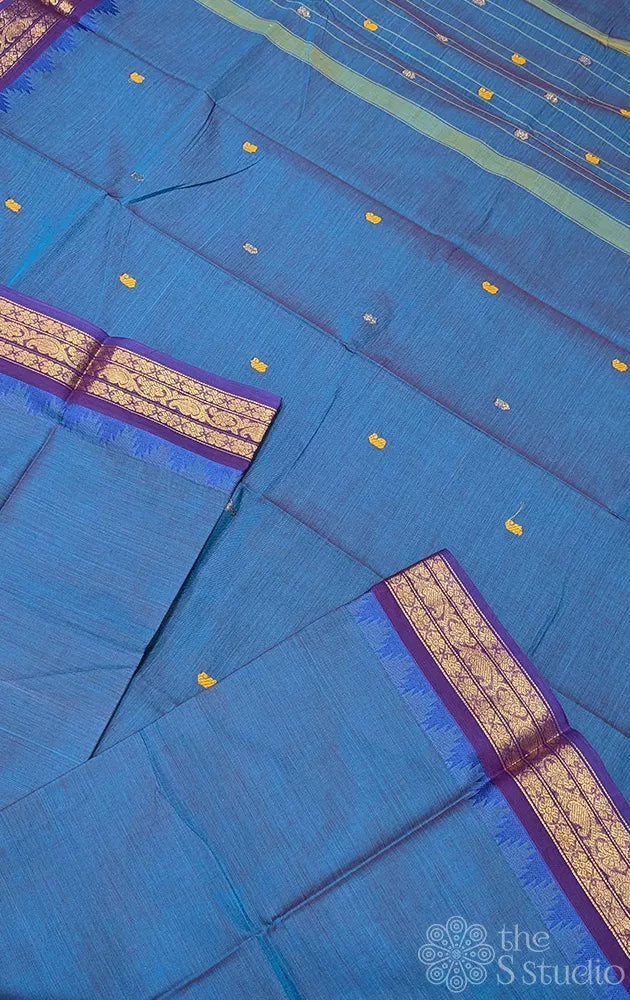 Teal blue kanchi cotton saree with small zari border