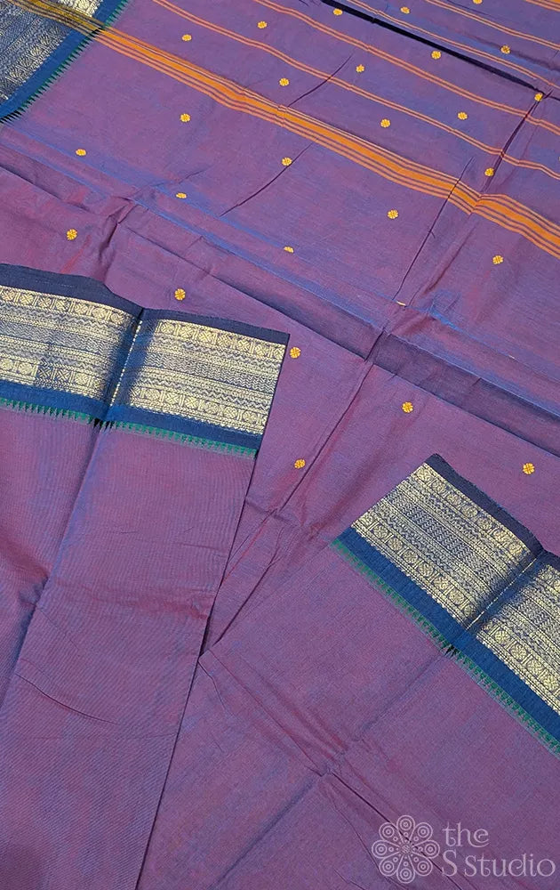 Purple kanchi cotton saree with blue zari border