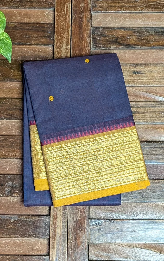Elephant grey kanchi cotton saree with yellow zari border