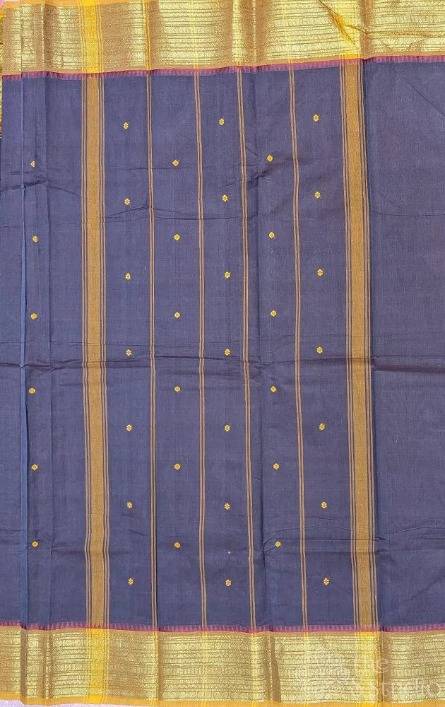 Elephant grey kanchi cotton saree with yellow zari border