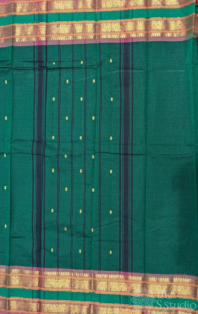Dark green kanchi cotton saree with rettaipet zari border