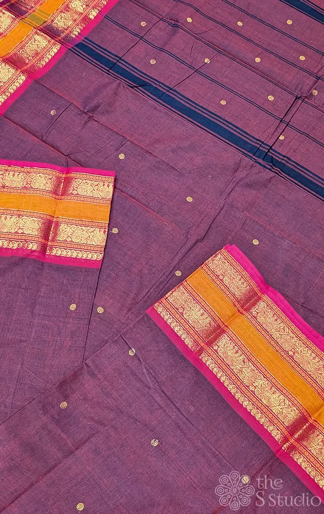 Maroon kanchi cotton saree with rettaipet zari border