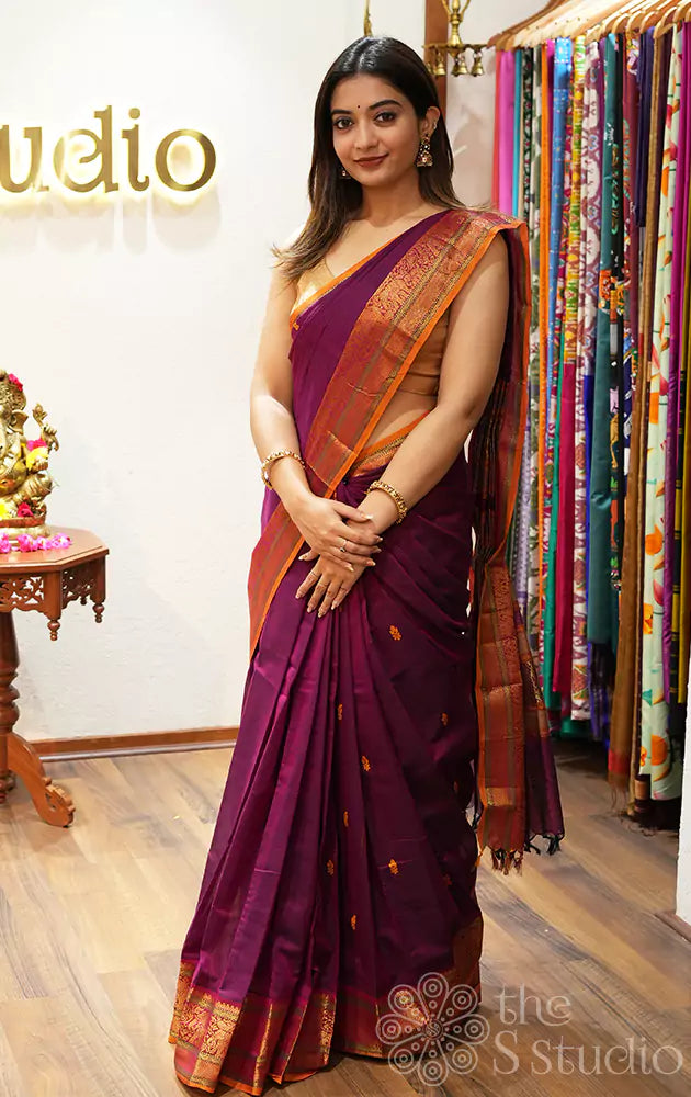 Purple handloom kanchi cotton saree with orange border