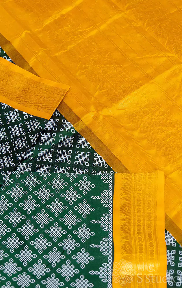 Green printed handloom silk cotton saree with korvai border