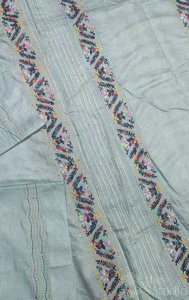 Grey Bengal cotton saree with embroidery